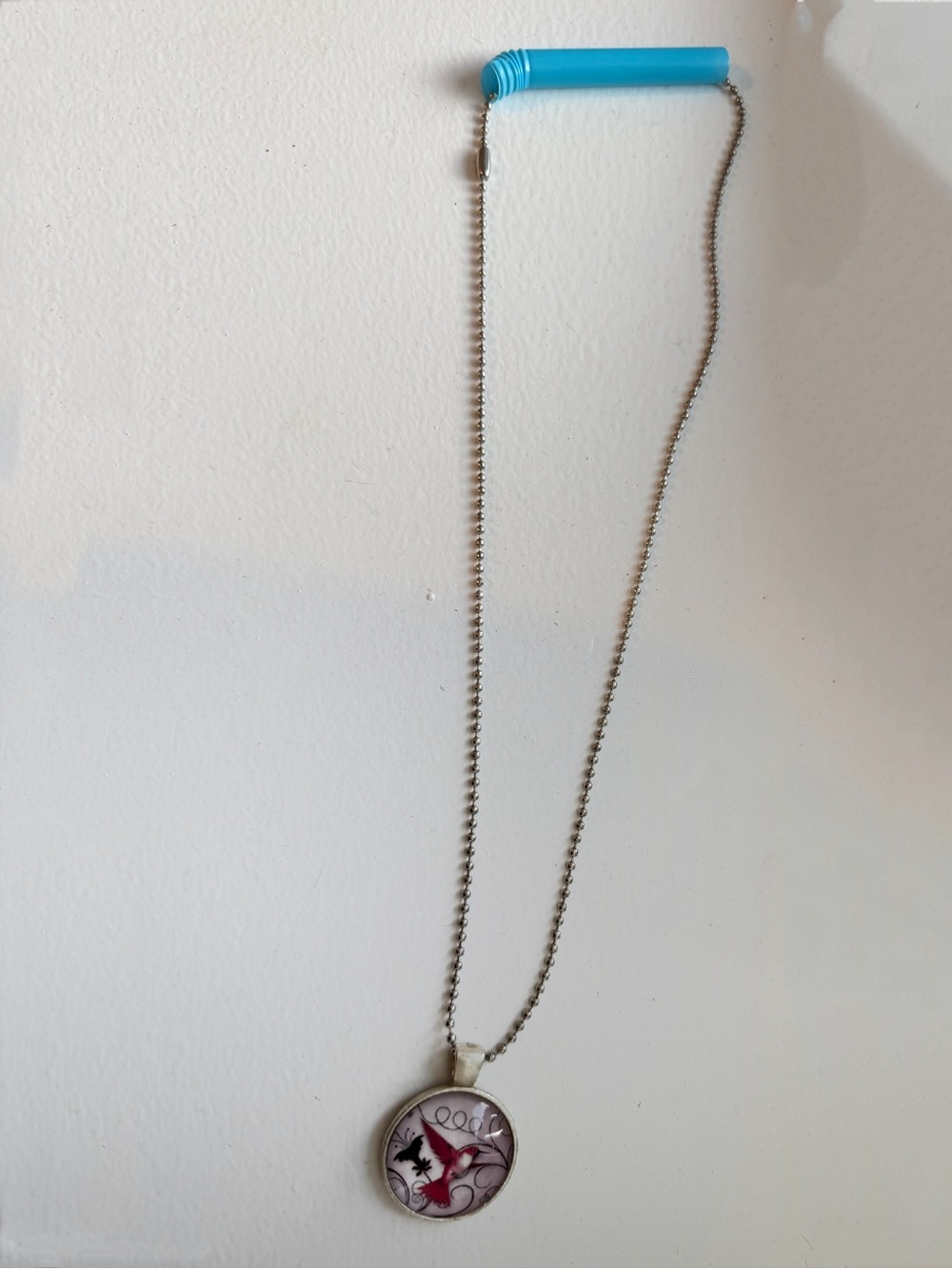 Silver-Tone Pink Hummingbird Cabochon Pendant Necklace